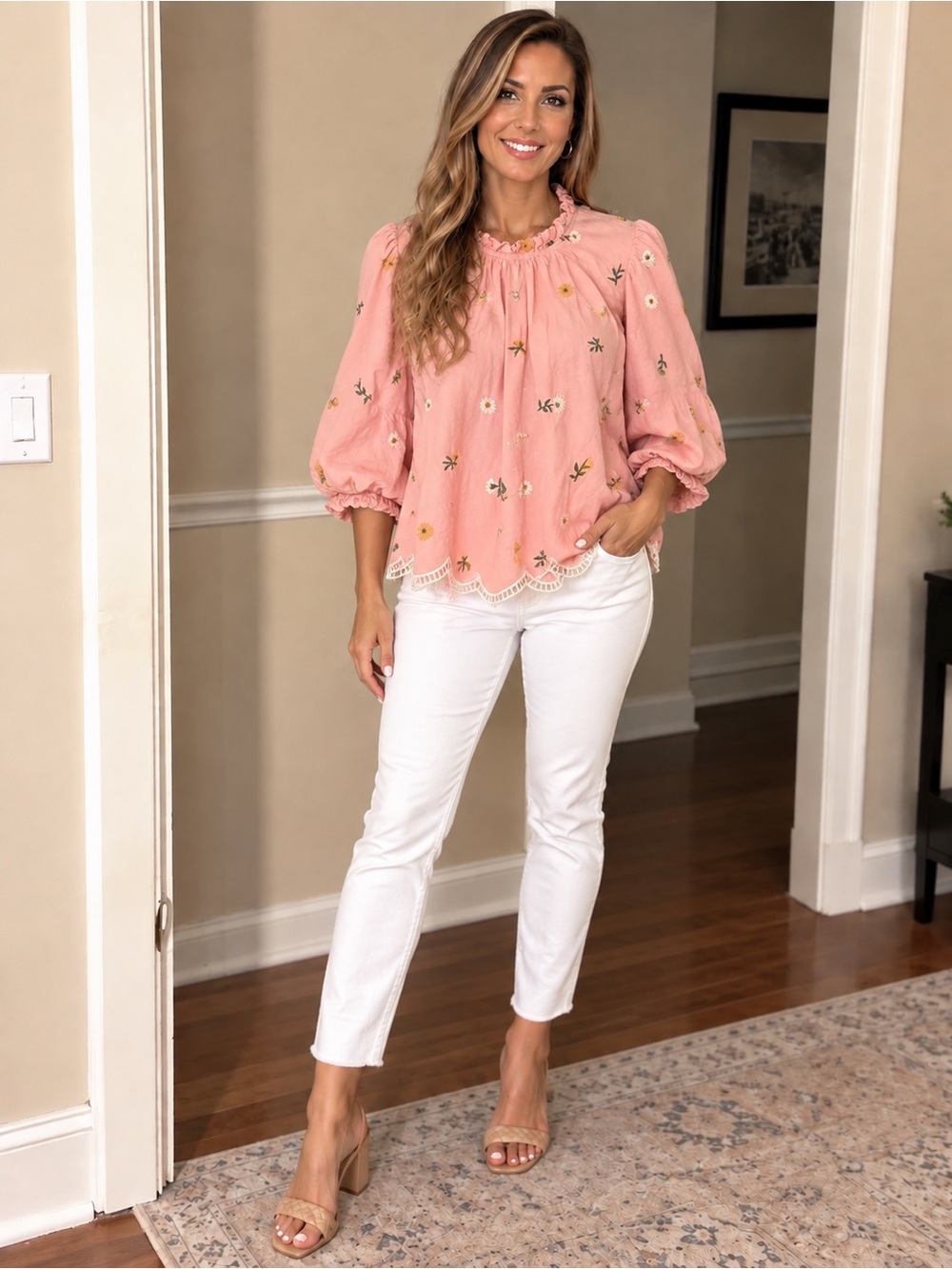 JODIFL Pink Floral Embroidered Puff-Sleeve Blouse